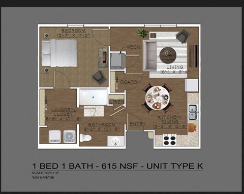 Floor plan for 1 bed, 1 bath, 679 sqft